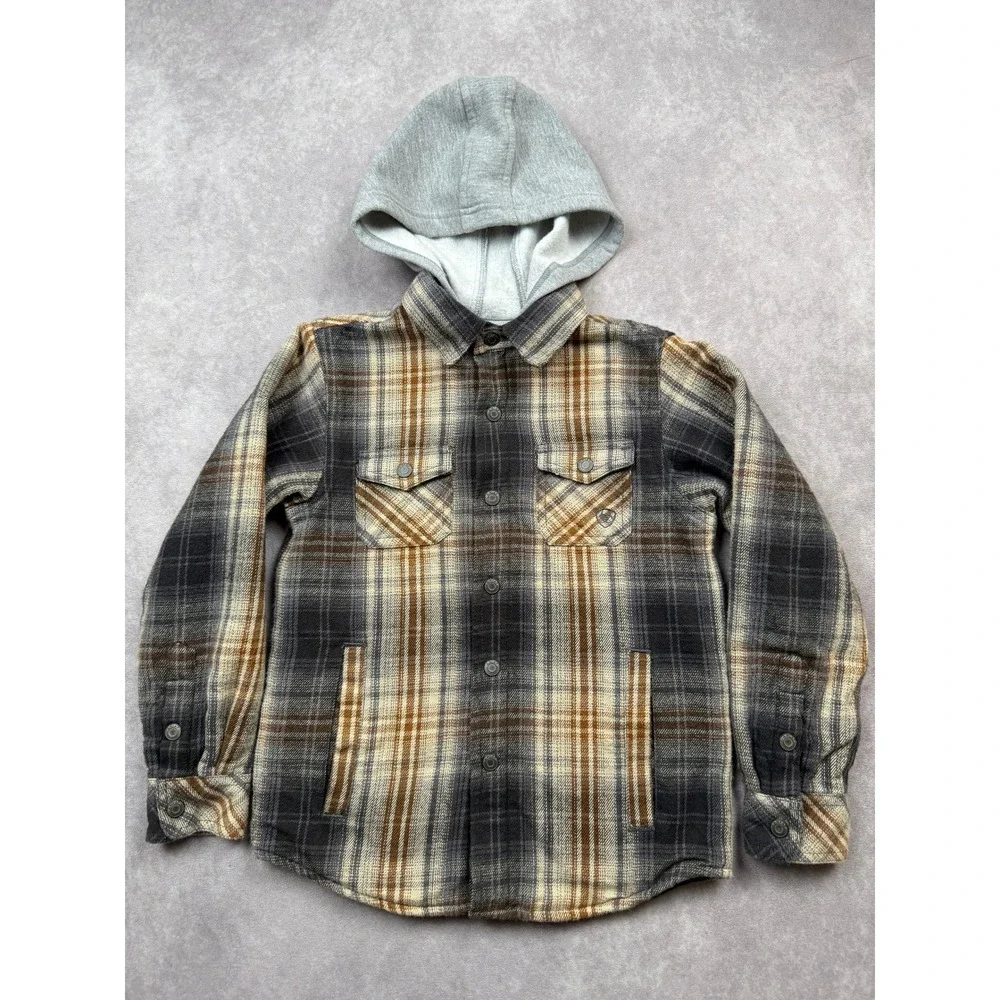 Ariat Boys XS  Retro Fit Plaid Hooded Flannel Shirt Jacket Brown Gray Fall Fit
